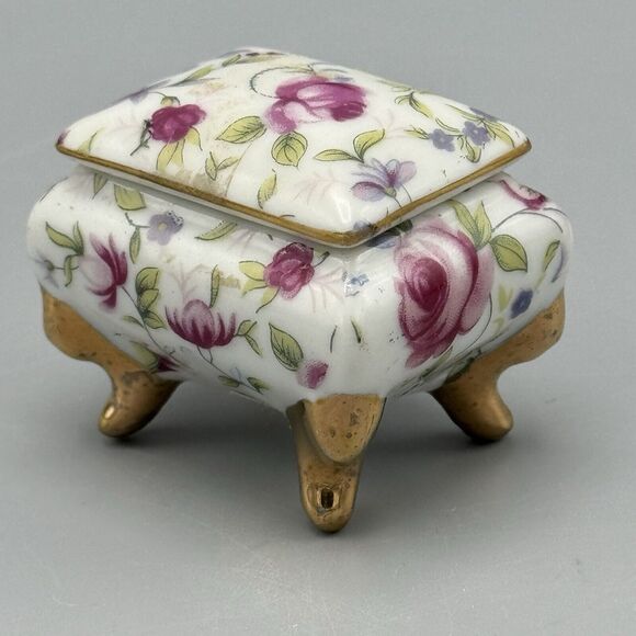Vtg Footed Rectangle Trinket Box Lid Floral Vanity Glam Victorian Porcelain B141 - Picture 8 of 13